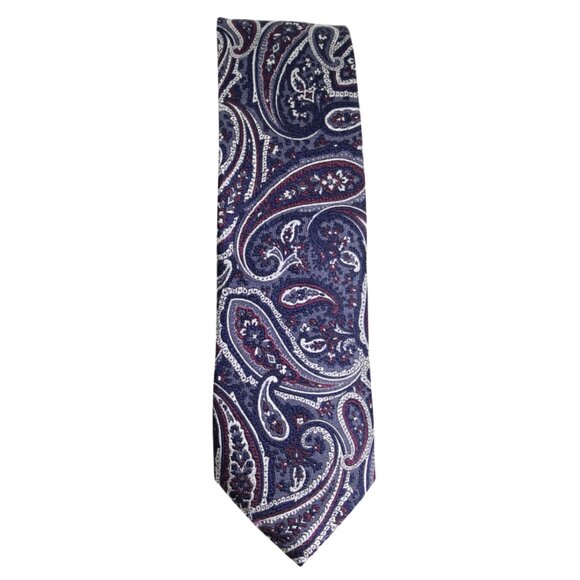 Perry Ellis Premium Men's Tie 100% Silk - Navy, Burgundy, Grey and White Paisley - Picture 2 of 6